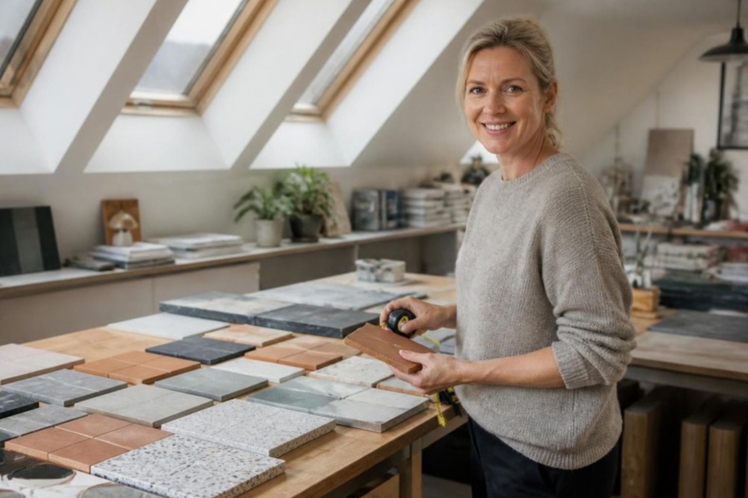 Smilende kvinde ved et langt arbejdsbord fyldt med fliseprøver i terrakotta, terrazzo, skifer og beton